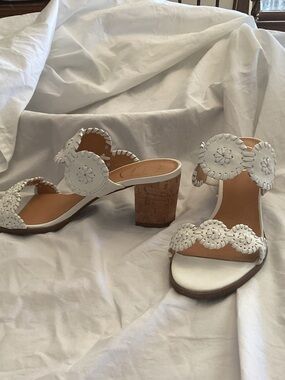 Jack Rogers White Leather Floral Cutout Block cork Heel Mules